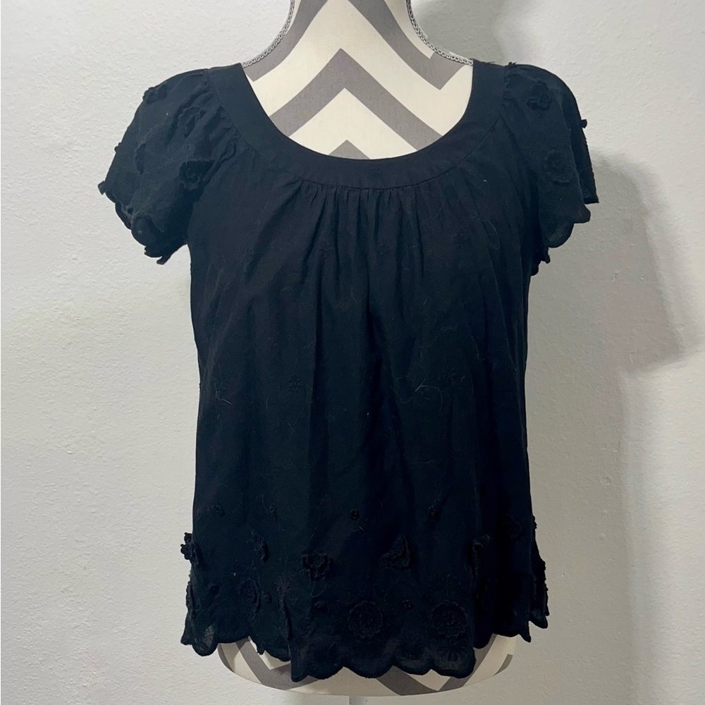 Rebecca Taylor Black Short Sleeve Open Back Cotton Blouse with Embroidery